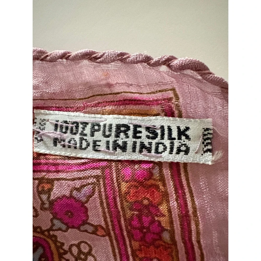 Vintage 100% Pure Silk Scarf Made in India Pink Floral Paisley Hand Rolled 32x32